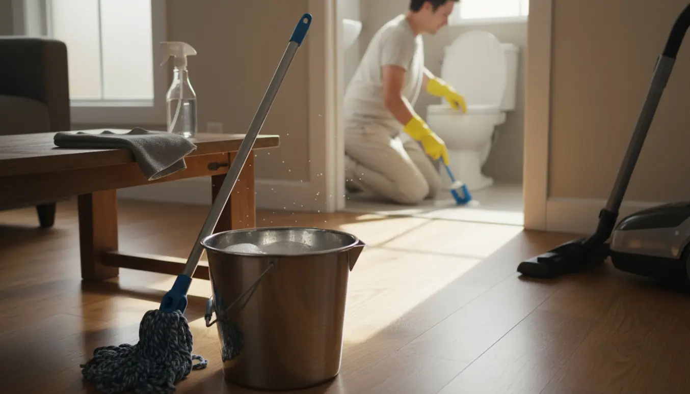Solbelyst rengøringsscene med moppe, støvsuger, klud og en person, der skrubber et toilet.