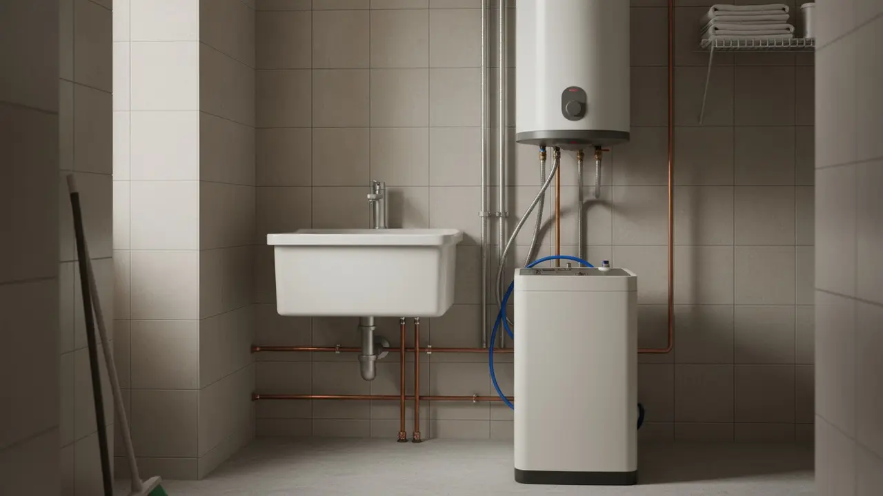 Oversigt over VVS-installationer med rør, vandlås og blødgøringsanlæg i et bryggers