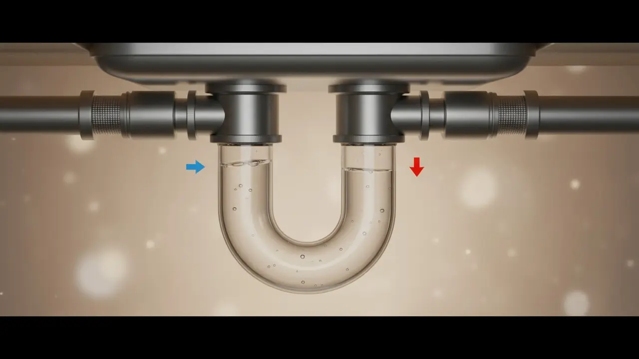 Nærbillede af S-formet vandlås under håndvask med vand i bøjningen