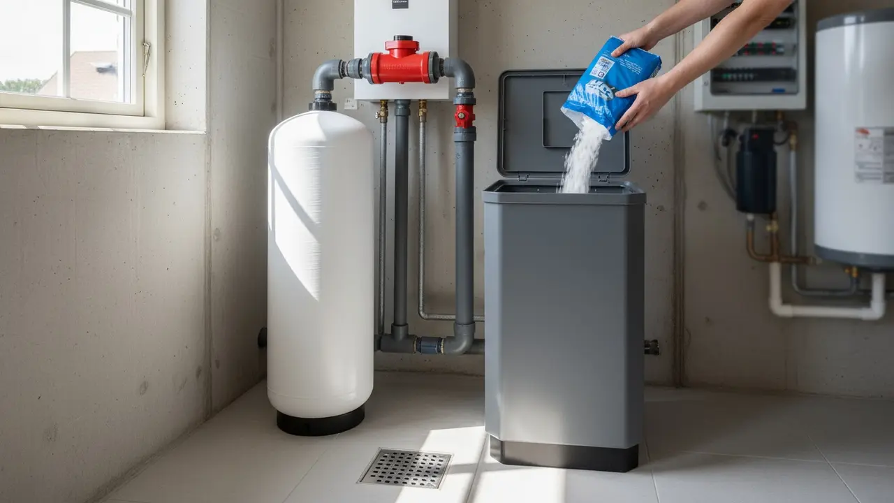 Moderne blødgøringsanlæg installeret i bryggers med saltbeholder og rørtilslutninger