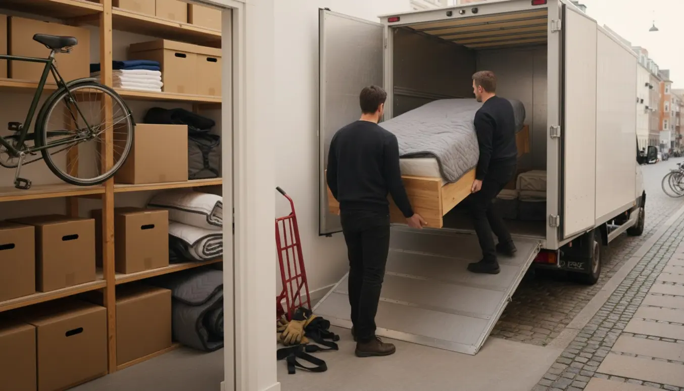 To personer løfter to senge ind i en elevator ved et depotrum, klar til at blive læsset i en lukket trailer.