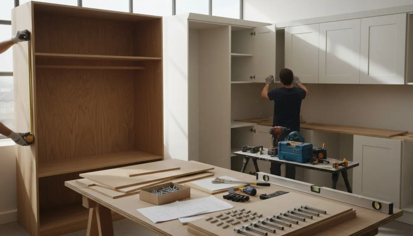 Hænder måler og forbereder materialer til asymmetriske hylder i garderobe og udvidelse af køkkenskabe.