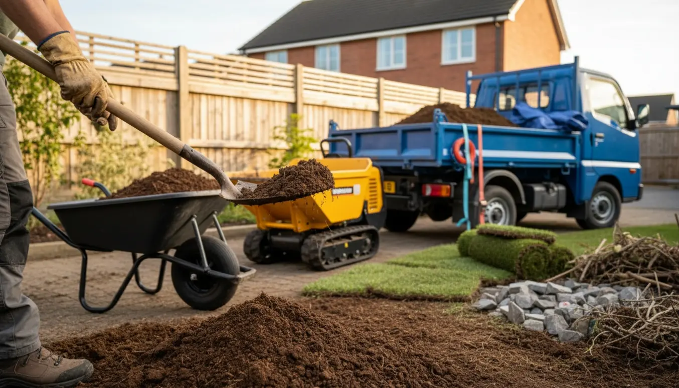 Frisk jord bliver skovlet op i en tipvogn i en privat have under bortkørsel.