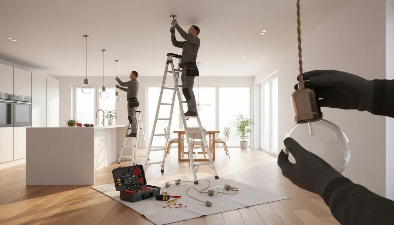 Installatører monterer fire hængelamper i stue og køkken med en høj stige op til et ca. 4 meter højt loft.