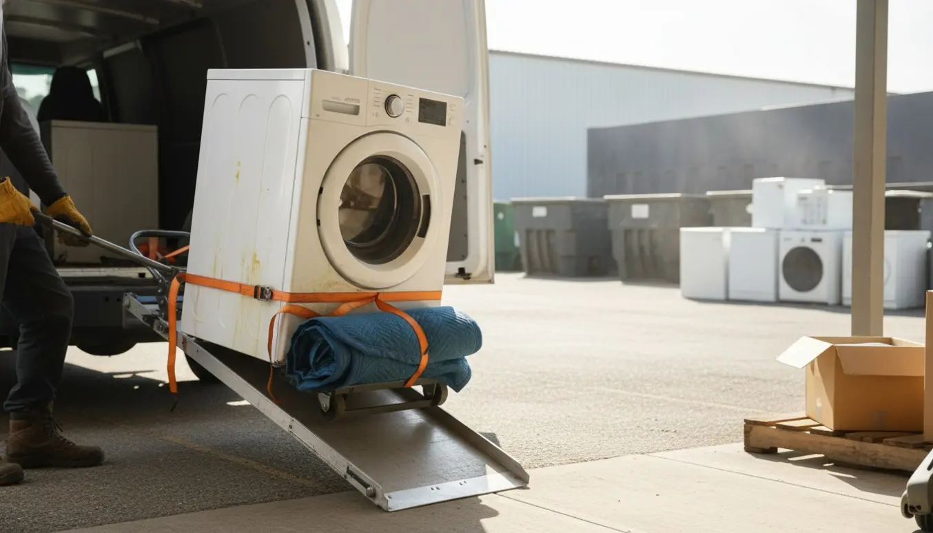 Vaskemaskine læsses på en dolly og køres op i en varevogn til genbrugsstation.