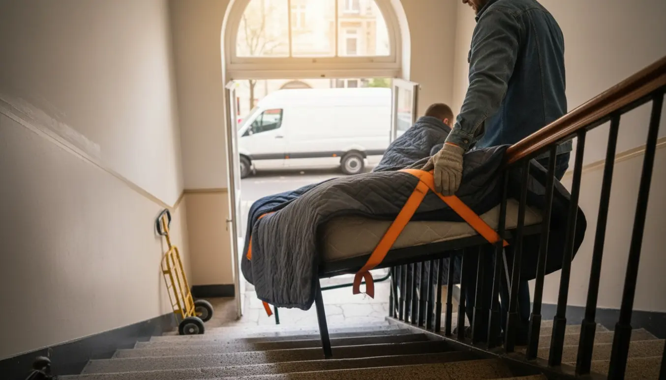 To flyttemænd bærer en smal seng ned ad en oplyst trappeopgang, beskyttet med tæpper og remme.