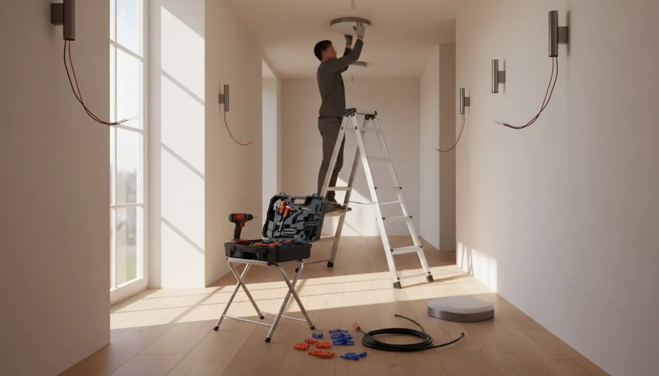 Installatør monterer tre loftlamper og tre væglamper i en moderne entré med stige og værktøj synligt.