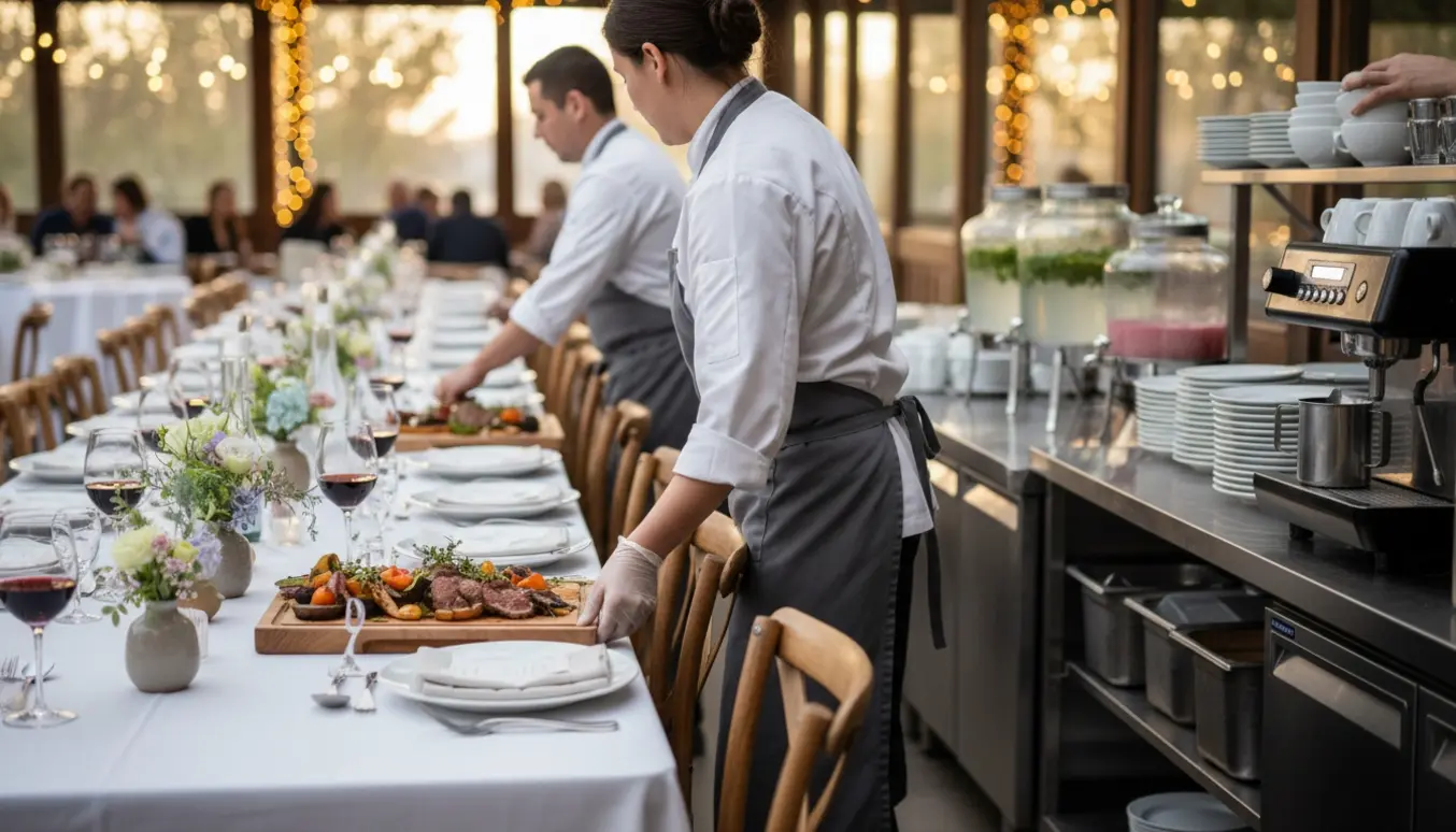 Servere i arbejde ved et bryllup med fade-servering, genopfyldning af drikkevarer og opvask i en varm aftenstemning.