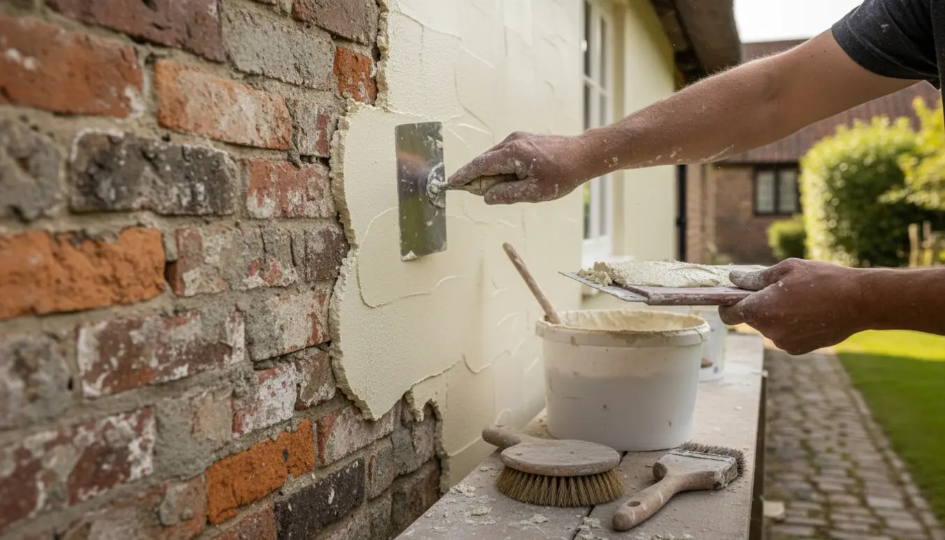 Nærbillede af hænder, der reparerer og pudser en væg på et lille landsbyhus med spartel og spand.