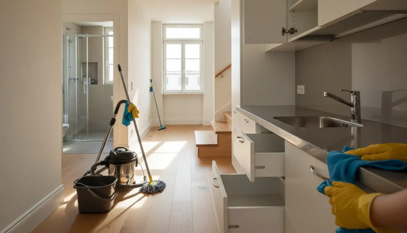 Lyse, to-etagers lejlighed under hovedrengøring med åbne skabe, rengøringsudstyr, skinnende badeværelse og nyrengjort trappe.