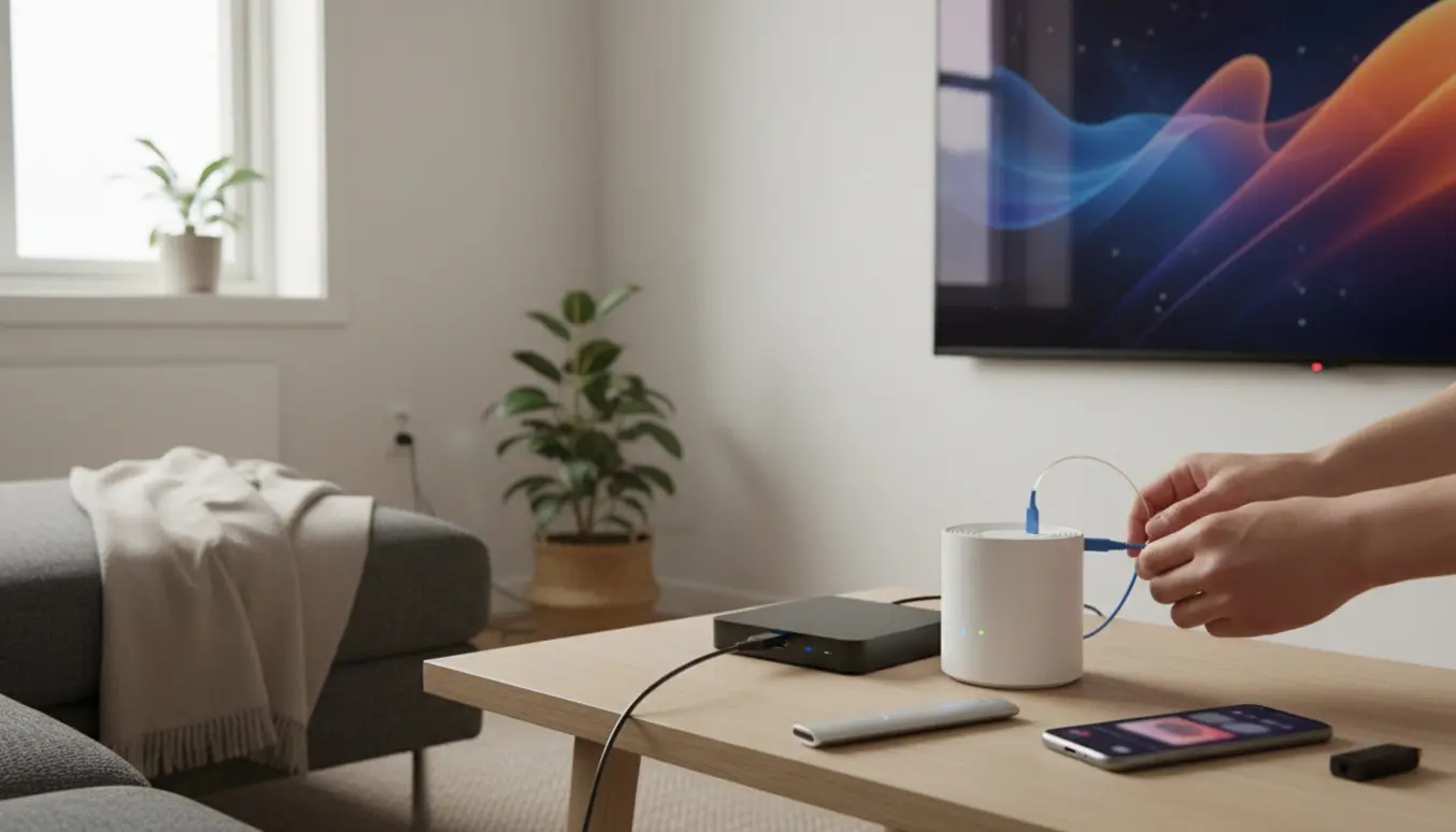 Hænder tilslutter fibernetmodem og streamingboks til et fladskærms-tv i en moderne stue.