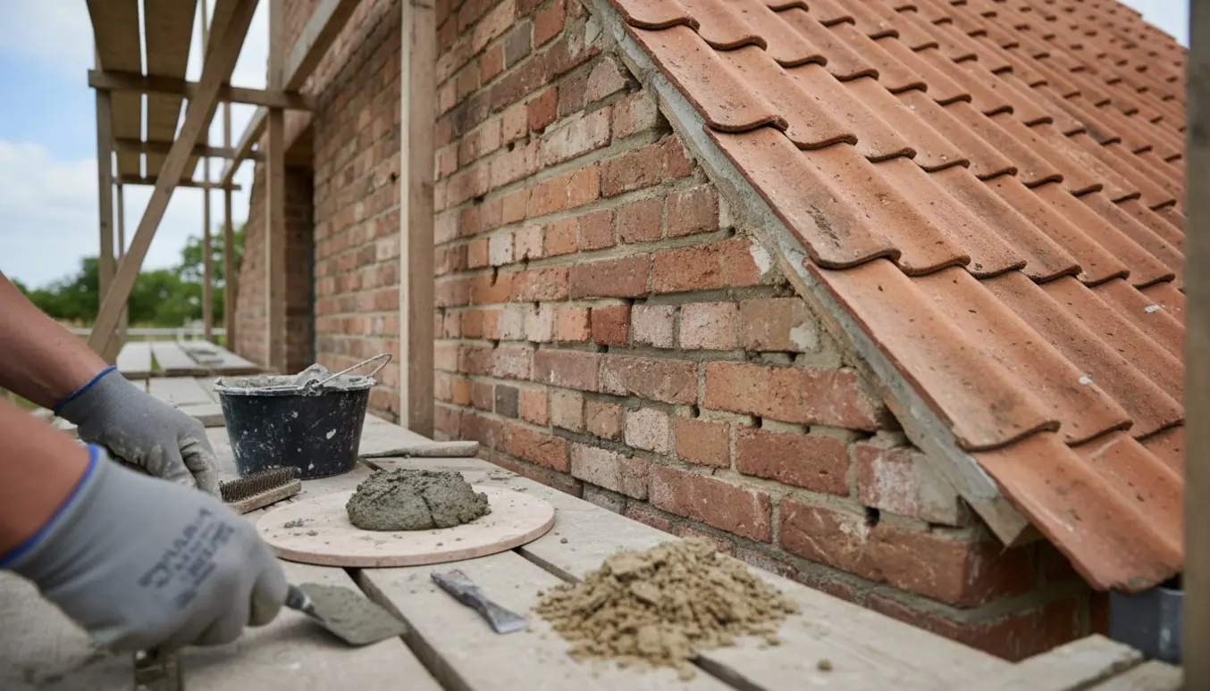 Gloved hænder omfuger en teglstensgavl fra stillads med frisk mørtel.