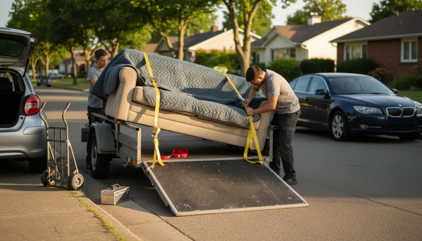 Sofa pakket i flyttebetræk og spændt fast på trailer ved en rolig villavej.