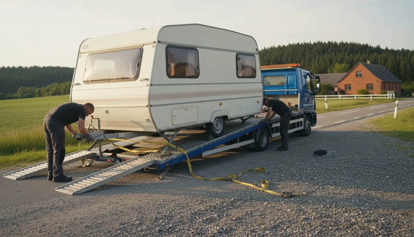 CI Wilk Tipi campingvogn spændes fast på en fejeblad-lastbil ved en landevej i blødt aftenslys.