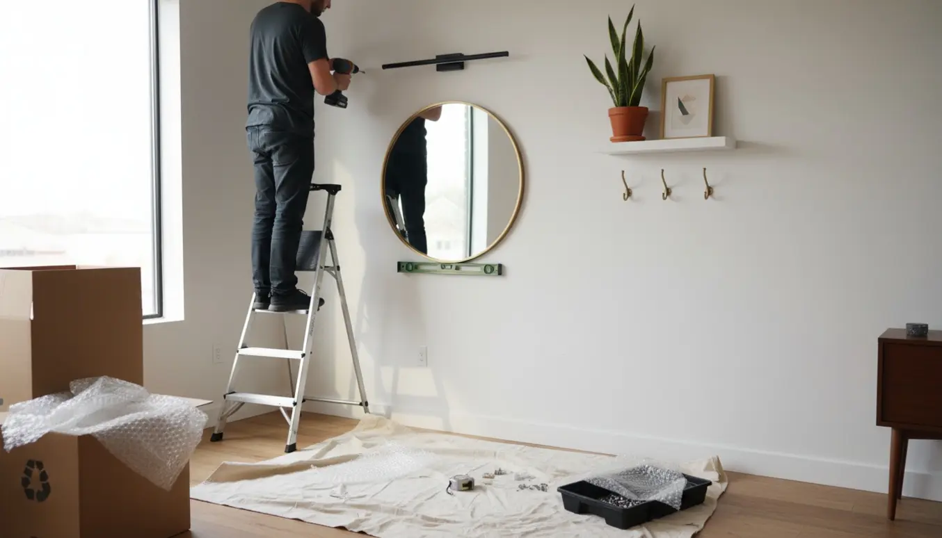 Arme monterer væglampe og holder spejl på plads i en lys lejlighed under flytning.