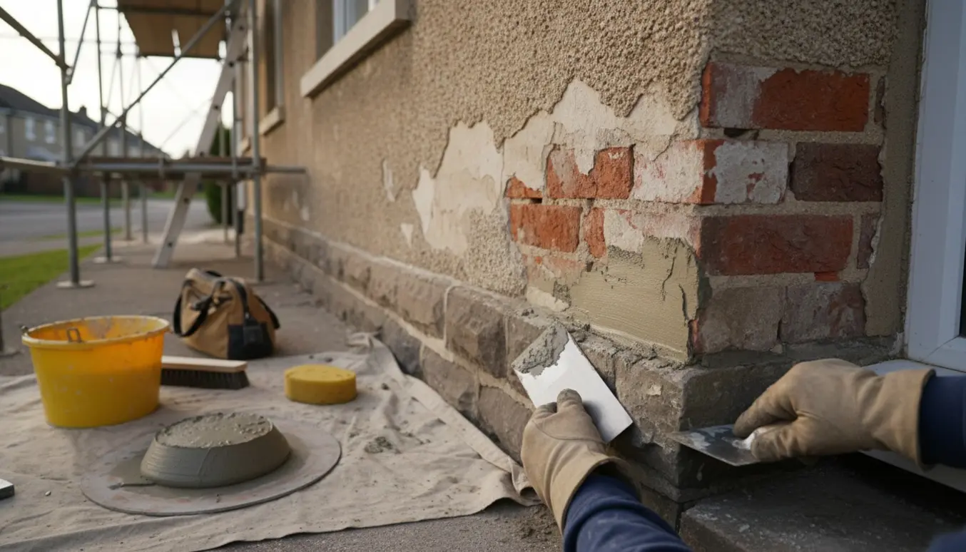 Nærbillede af udendørs reparation af vandskuret facade og sokkel med frisk mørtel og murerredskaber.