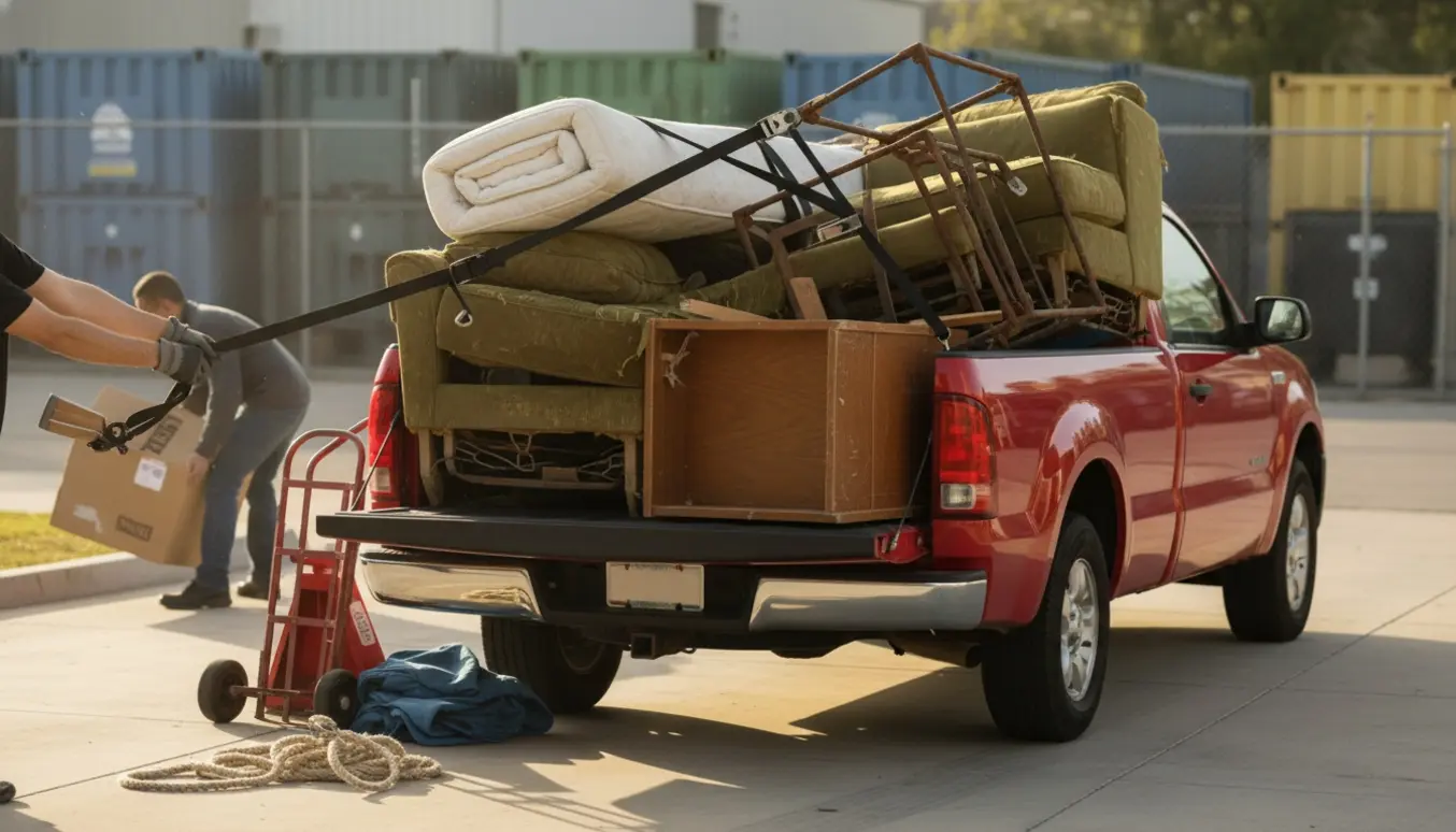 Pickup lastes med stort affald i indkørsel, klar til aflevering på genbrugsstationen.