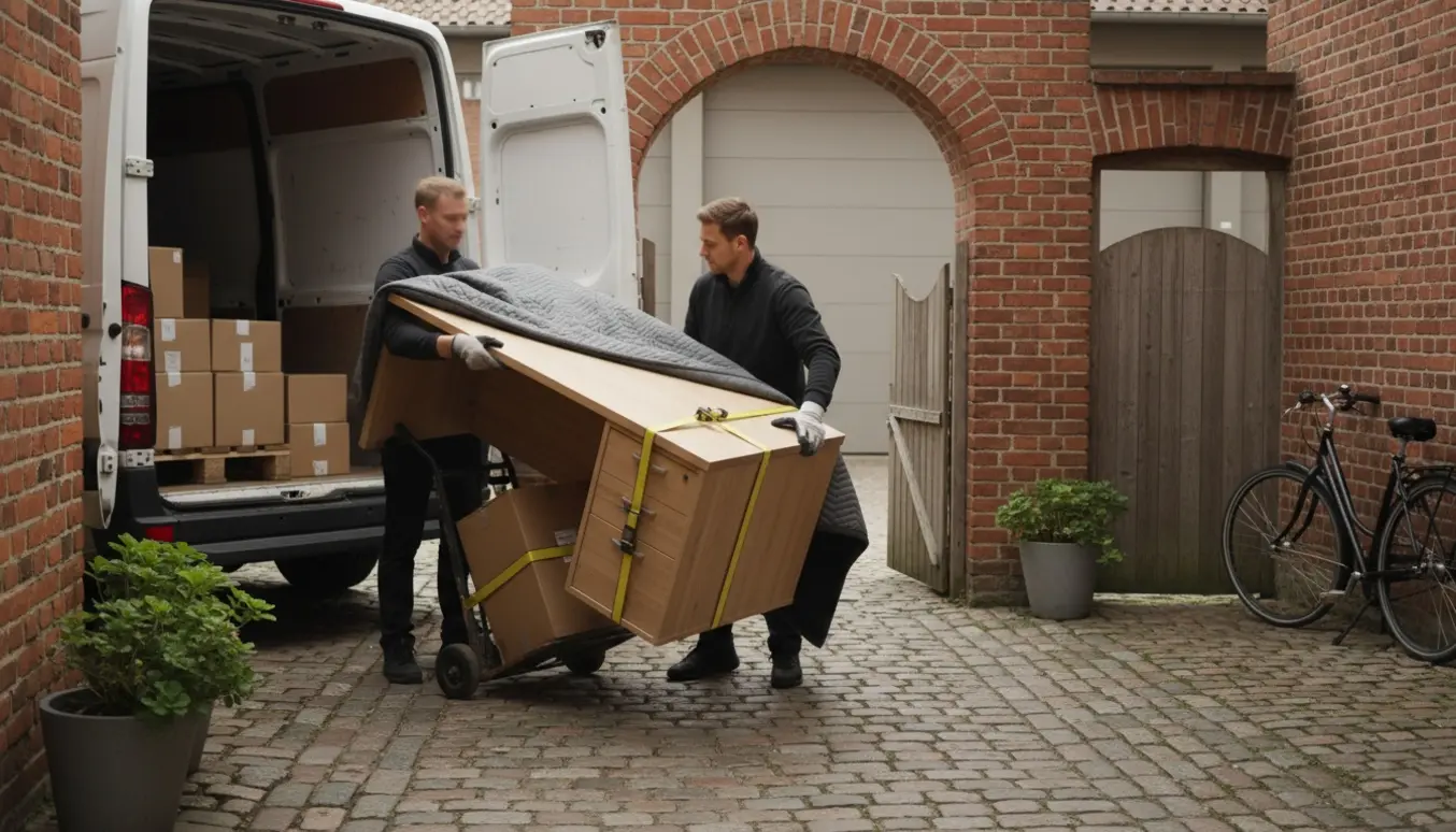 To flyttemedarbejdere bærer et skrivebord fra en varevogn ind i en lille dansk gårdhave.