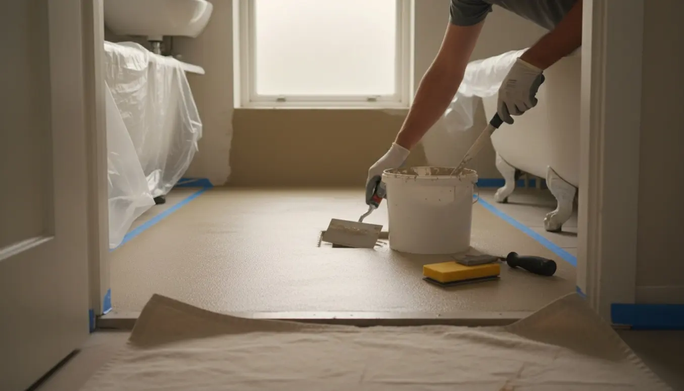 Hænder glatter beige mikrocement ud på et lille badeværelsesgulv med spartel og blandespand, mens inventar er beskyttet.