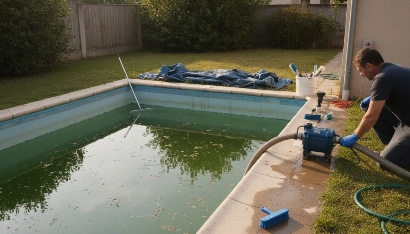 En lille rektangulær baghavepool med grønt vand og en dykkpumpe tilsluttet ved poolkanten, klar til tømning og rengøring.