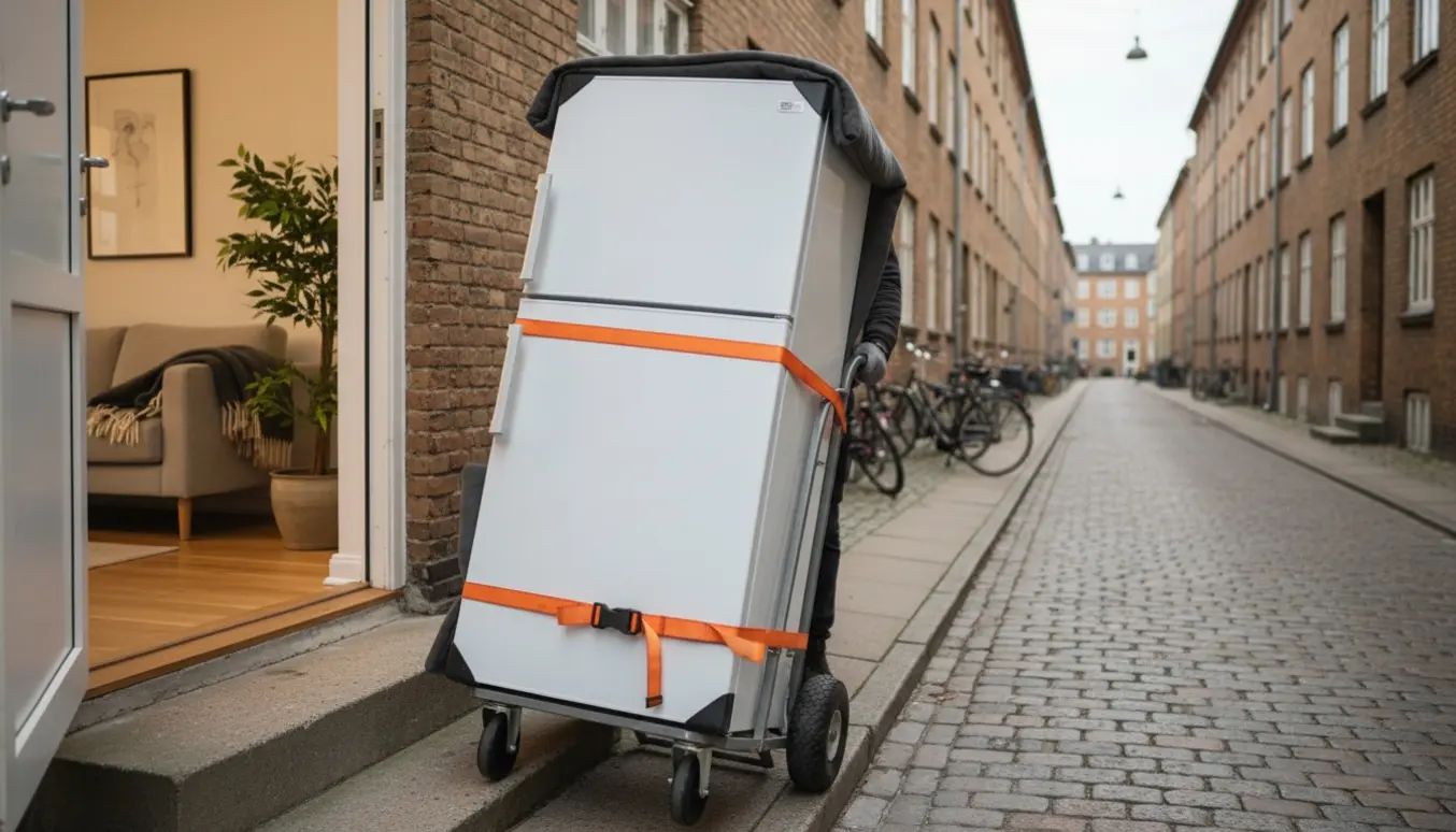 Et køleskab på en håndtruck bæres ud gennem en lejlighedsdør og ned ad få trapper til en stille københavnsk gade, uden tydelige ansigter.