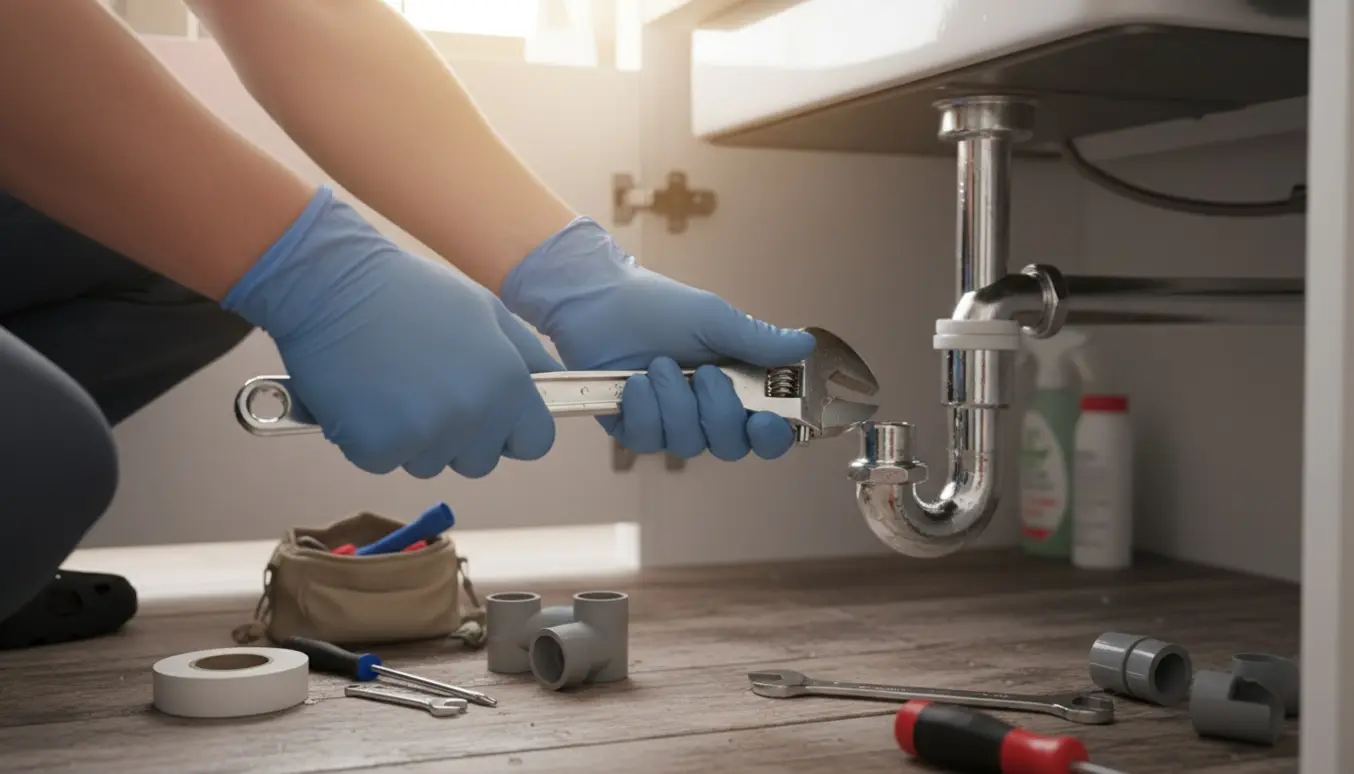Nærbillede af hænder, der monterer en vandlås under en køkkenvask med værktøj og reservedele omkring.