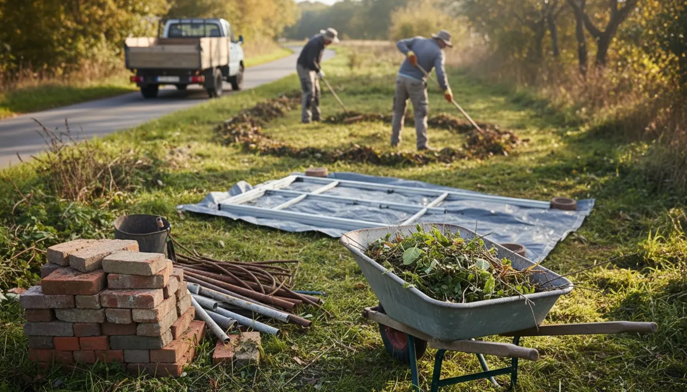 En person rydder en haveplads med trillebør, rive, bunker af teglsten, metalrør og et nedtaget drivhusstel ved vejkanten.