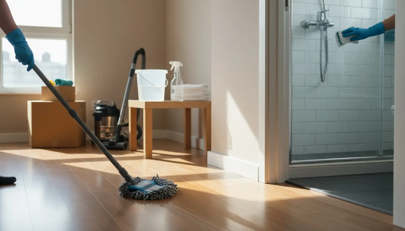 Soloplyst, ryddet lejlighed med rengøringsudstyr og en hånd i handsker, der skrubber bruseglas.