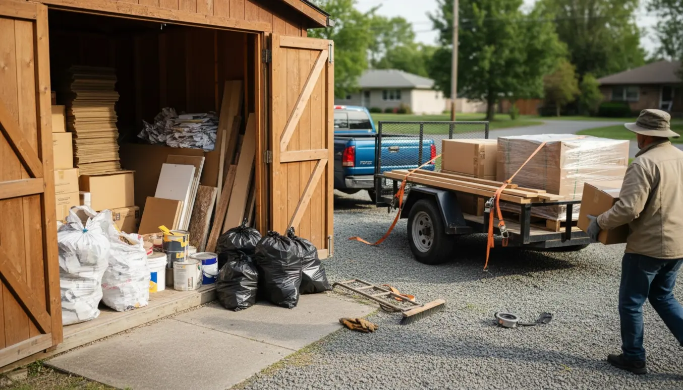 Åbent skur og trailer på indkørsel med pap, byggematerialer og værktøj klar til afhentning.