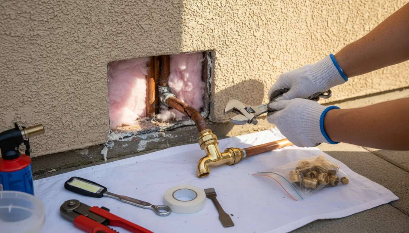 Nærbillede af udskiftning af udendørs vandhane med synligt sprængt rør i væggen og værktøj lagt frem.