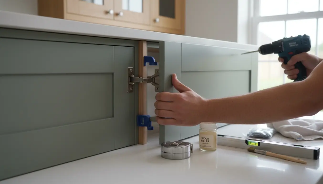 Hænder monterer en låge og afdækning omkring et indbygget køleskab i et lyst moderne køkken.