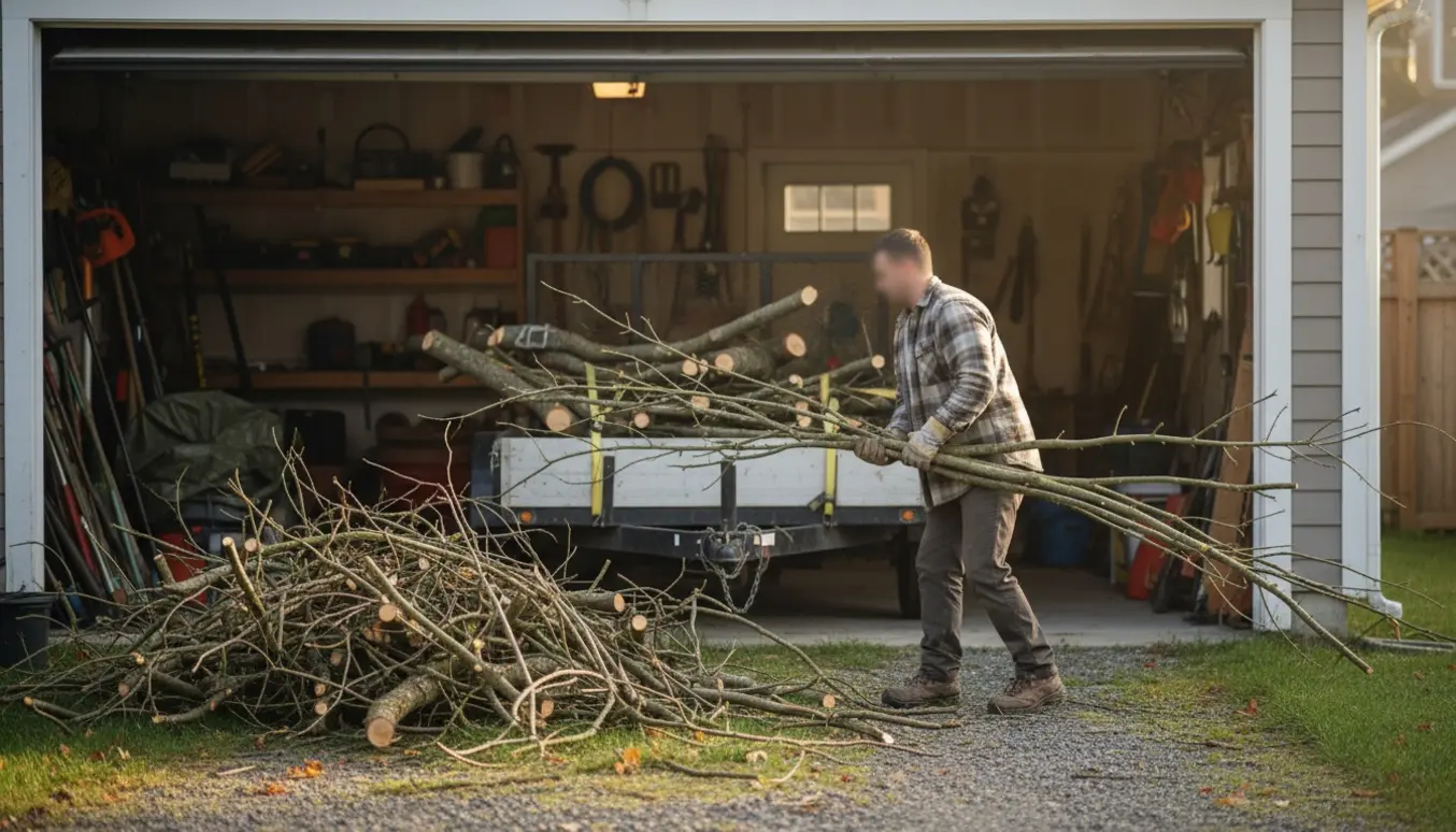 Trailer læsses med lange grene foran en åben garage, en arbejder ses bagfra mens grene trækkes igennem værkstedet.