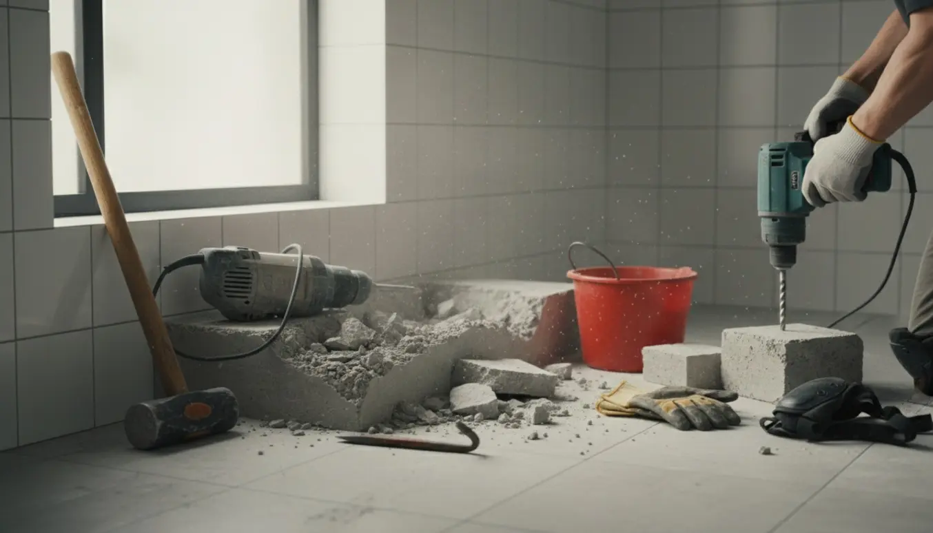 Opbrydning af en betonsokkel i bryggerset med værktøj, brudte betonstykker og sikkerhedsudstyr.