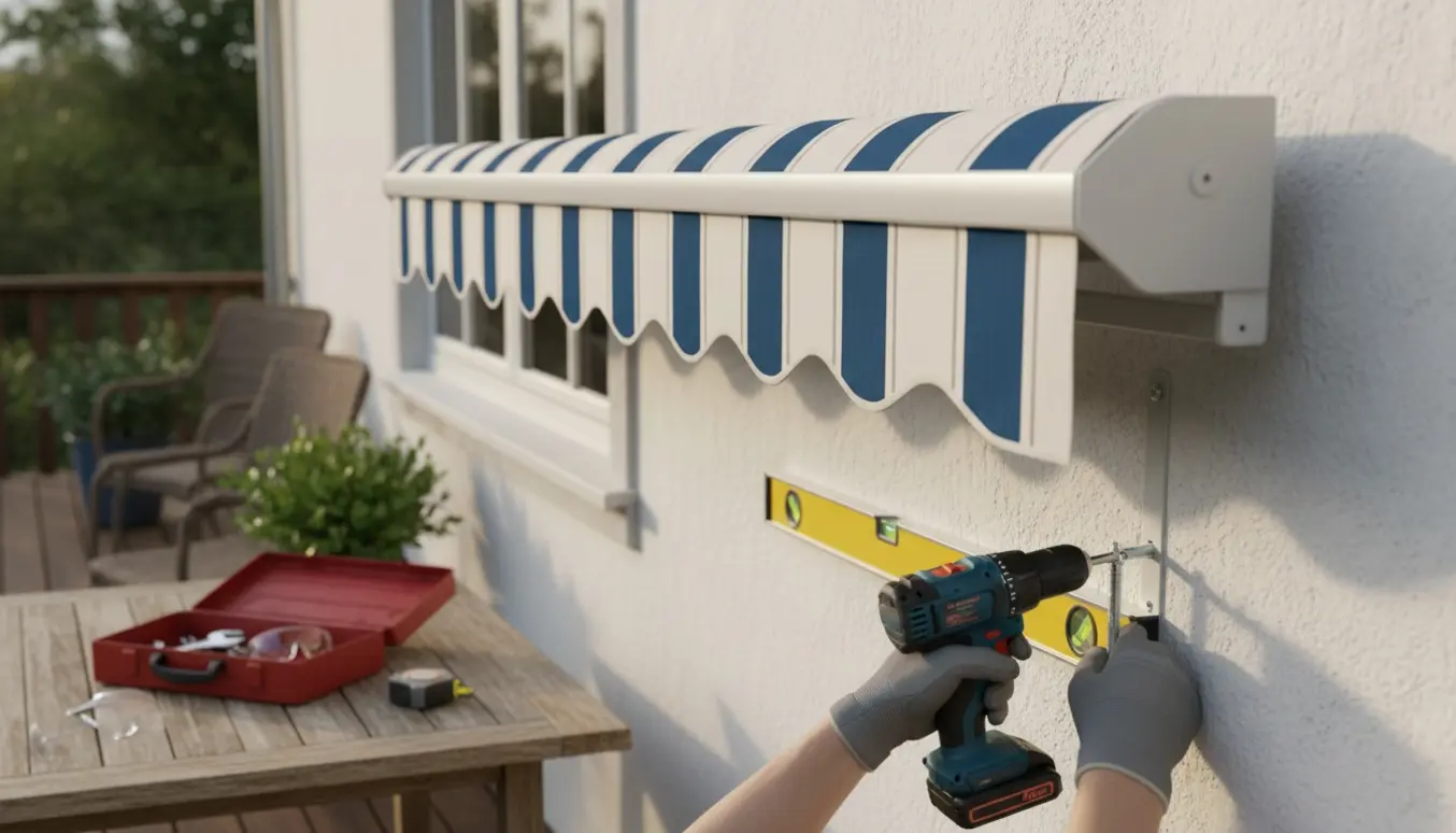 Halvmonteret markise over en terrasse med en hånd, der spænder beslag med en skruemaskine og værktøj i forgrunden.