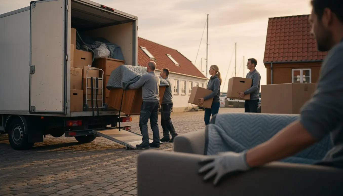 Flyttevogn læsses med indpakkede møbler og kasser af flyttemænd og hjælpere foran en garage med kystnær småby i baggrunden.