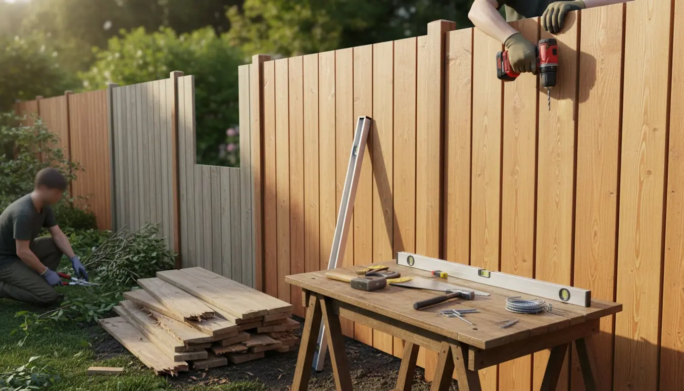 Opsætning af nyt 1,8 m højt plankehegn i have med fjernet gammelt hegn og beskårne vildskud fra elm.