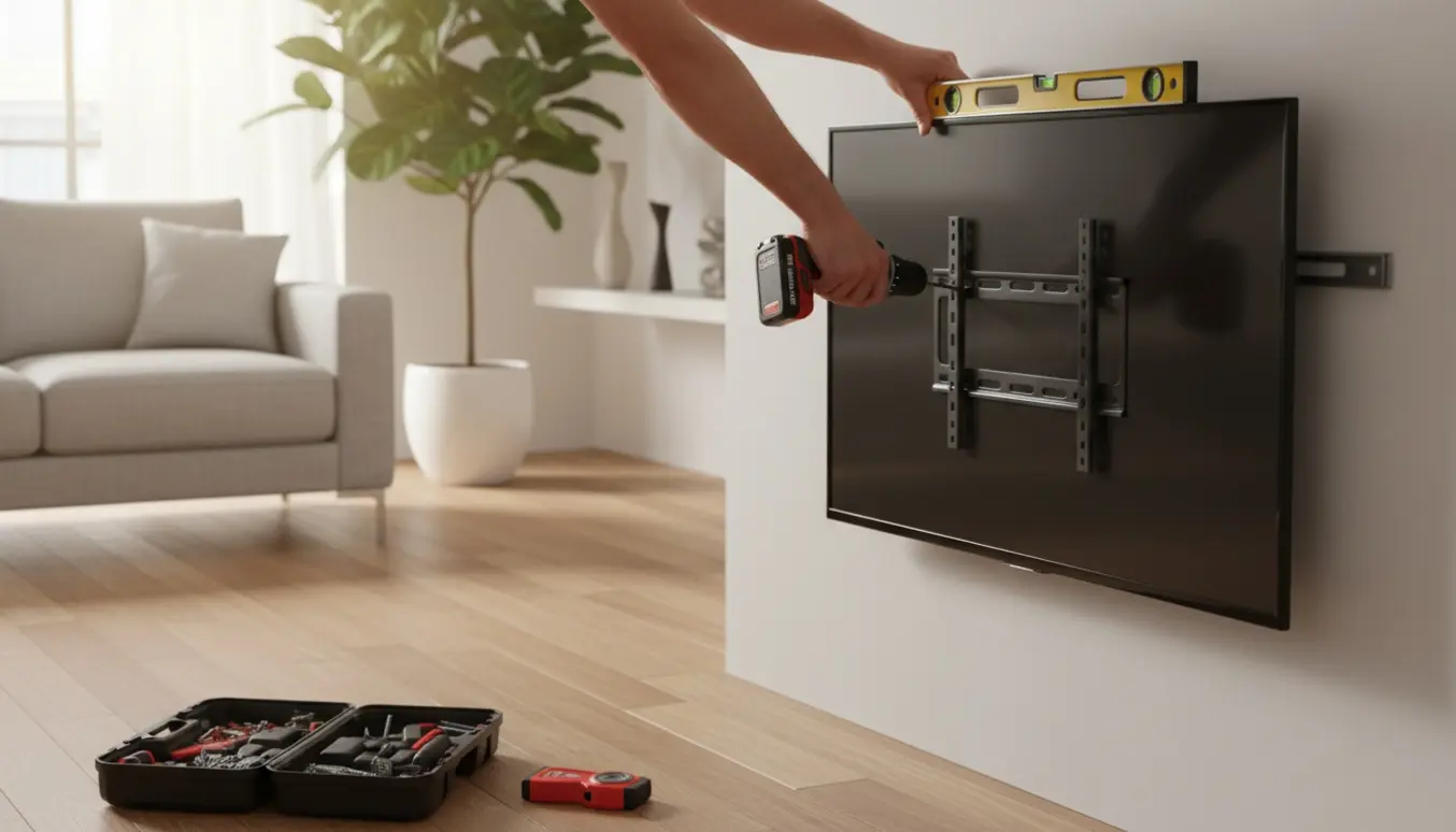 Hænder monterer et cirka 55 tommer fladskærms-tv på en væg med værktøj i fokus.