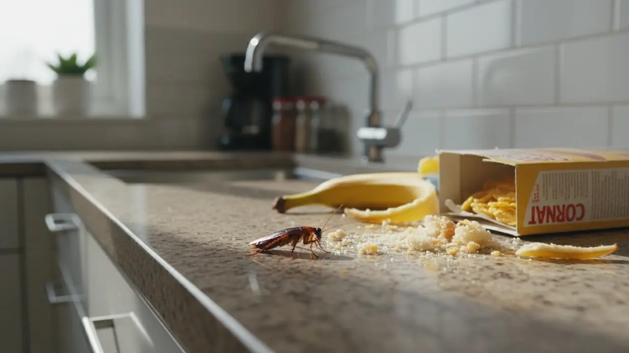 Kakerlak kravler på køkkenbord tæt på madrester