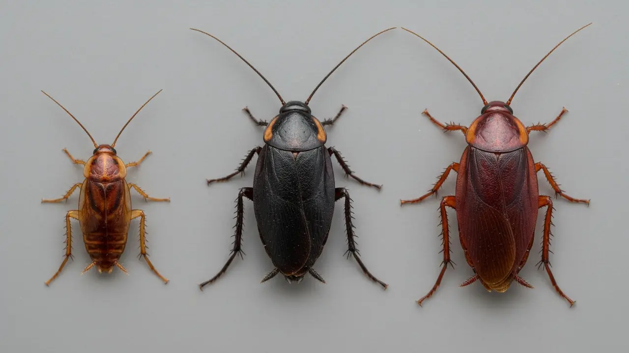 Tre forskellige kakerlakarter vist side om side på neutral baggrund