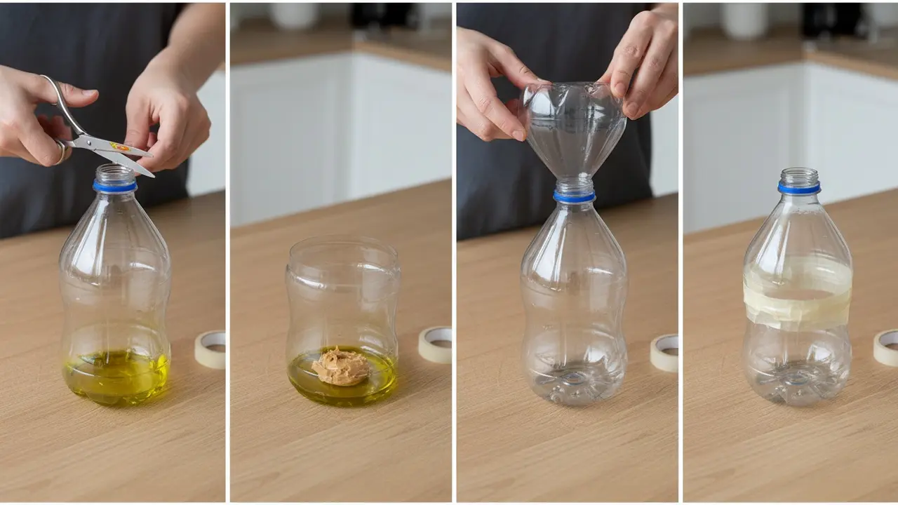 Hænder samler hjemmelavet flaske-fælde med olivenolie og lokkemad