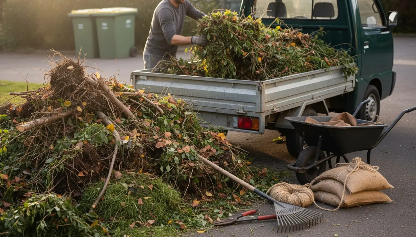 Lille trailer ved en stor bunke haveaffald i en villahave, klar til at blive kørt på genbrugspladsen.