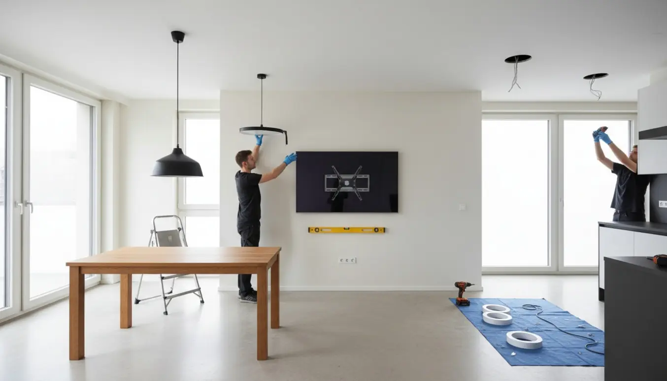 Montage af fladt TV på væg, ophængning af loftslampe over spisebord og montering af spots i loftet i et lyst hjem.