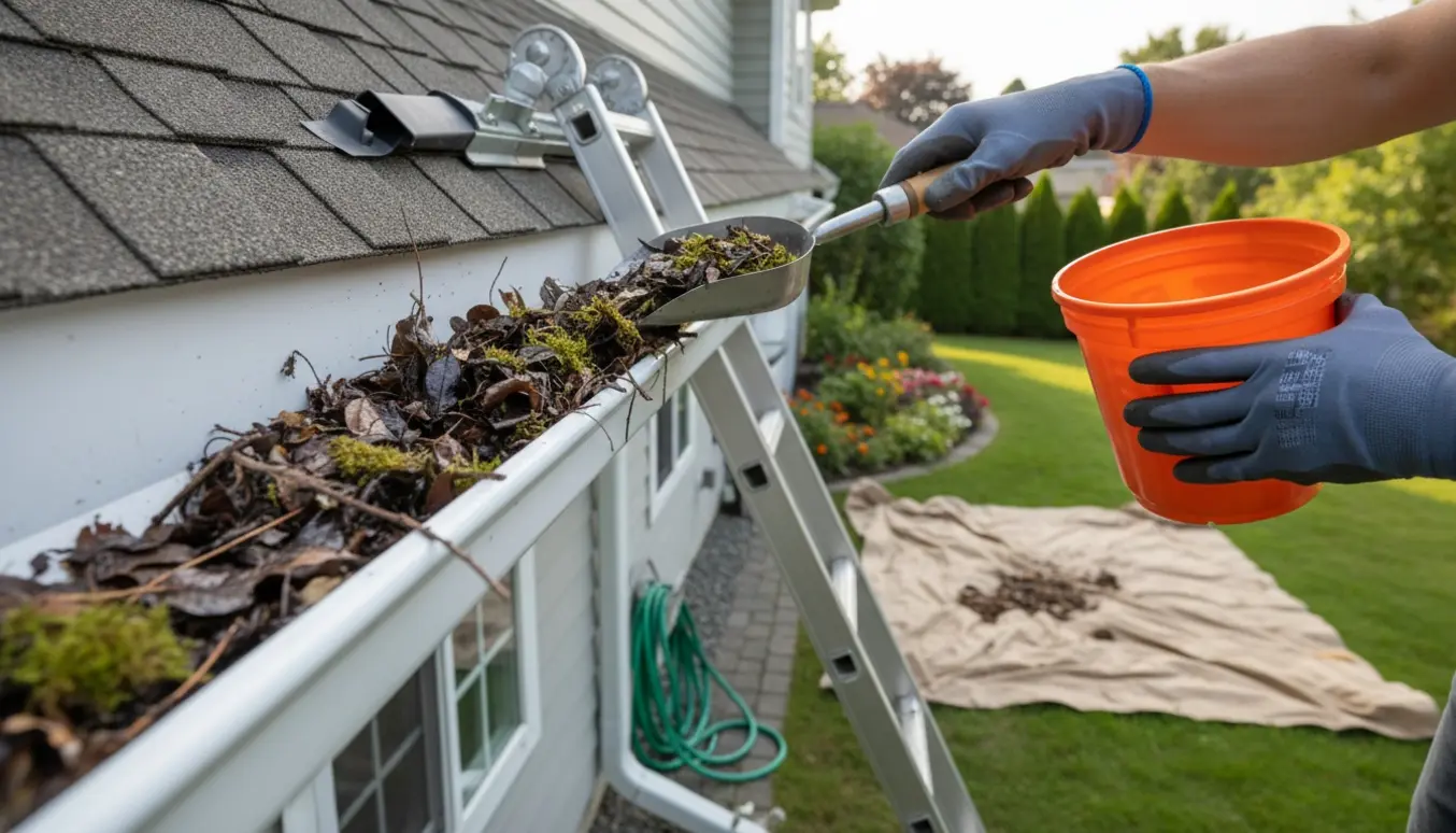 En person på stige renser en tagrende med skovl og spand foran et velholdt hus.