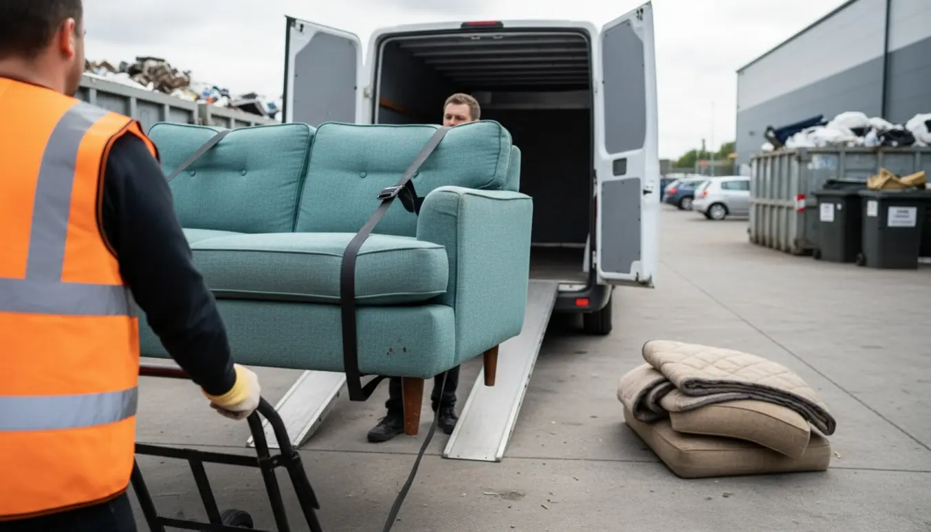 To flyttefolk læsser en sofa op på en varevogn ved en genbrugsplads.