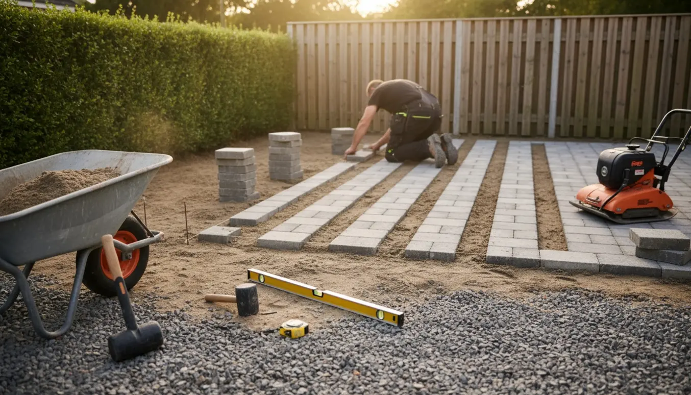 Delvis renoveret terrasse med stabler af herregårdssten, værktøj og kantsten ved en hæk i en dansk villahave.