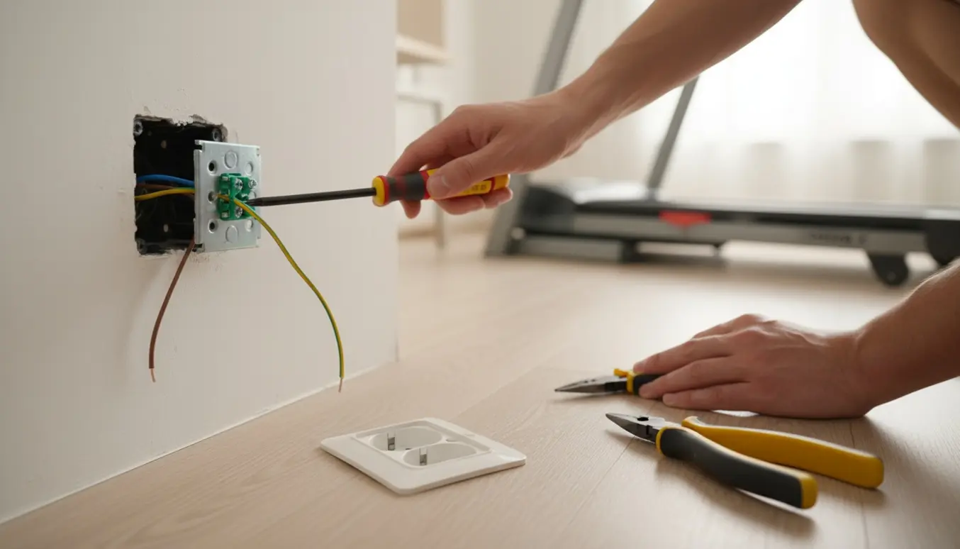 Nærbillede af hænder, der monterer en jordet stikkontakt i en væg med et løbebånd i baggrunden.