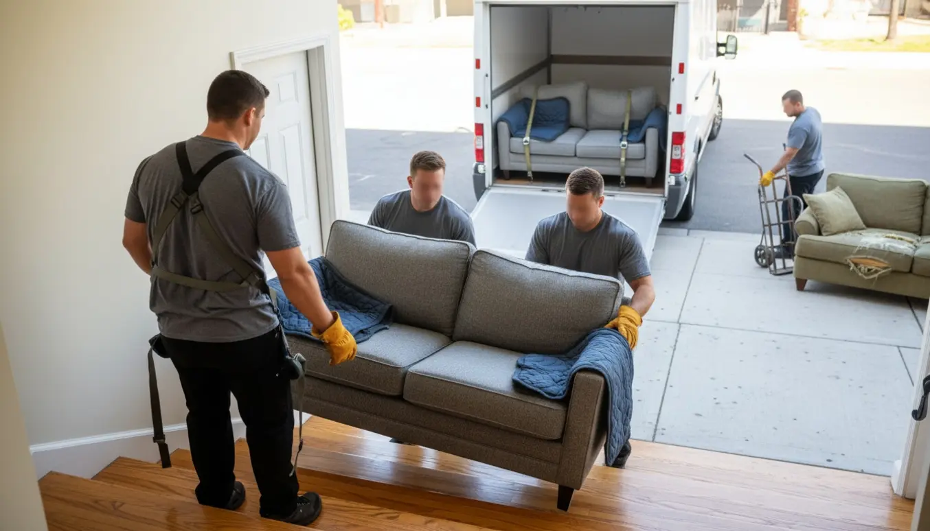 To flyttemænd bærer en sofa ned ad en trappe mens en flyttevogn med en indpakket sofa og en gammel sofa til bortskaffelse står klar udenfor.