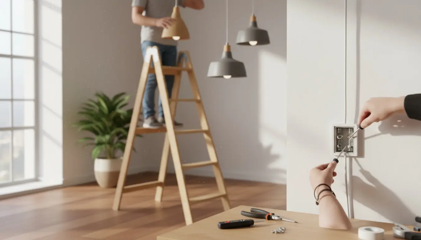 Hænder installerer tre pendellamper og udskifter en hvid stikkontakt i et lyst, moderne rum.