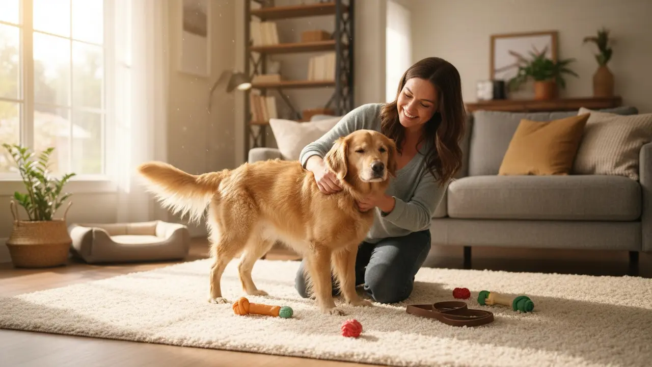 Hundeejer smiler og nusser hund i hyggelig stue