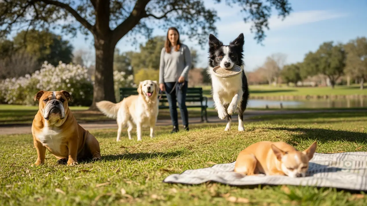 Forskellige hunderacer i park viser størrelse og energiniveau